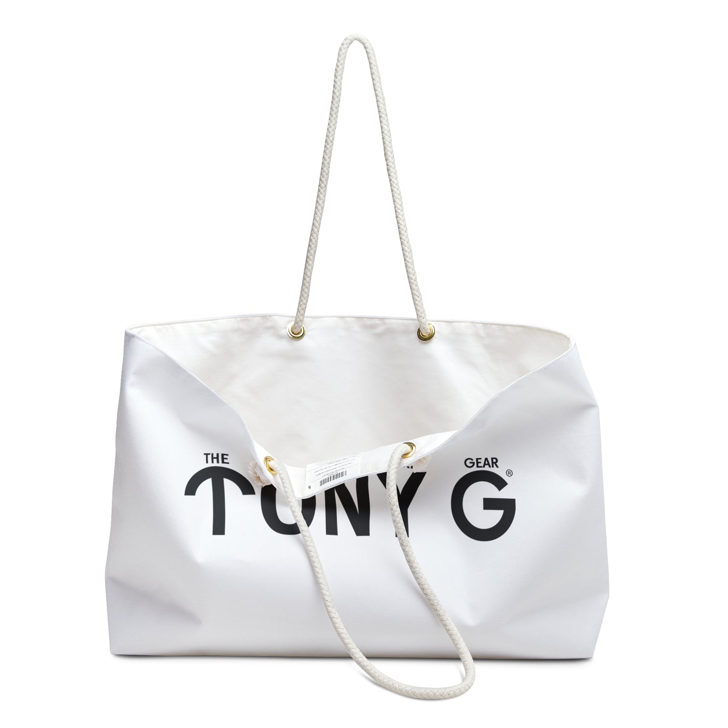 TONY G Weekender Bag White, adorned with TONY G Logo & TG Logo Outline