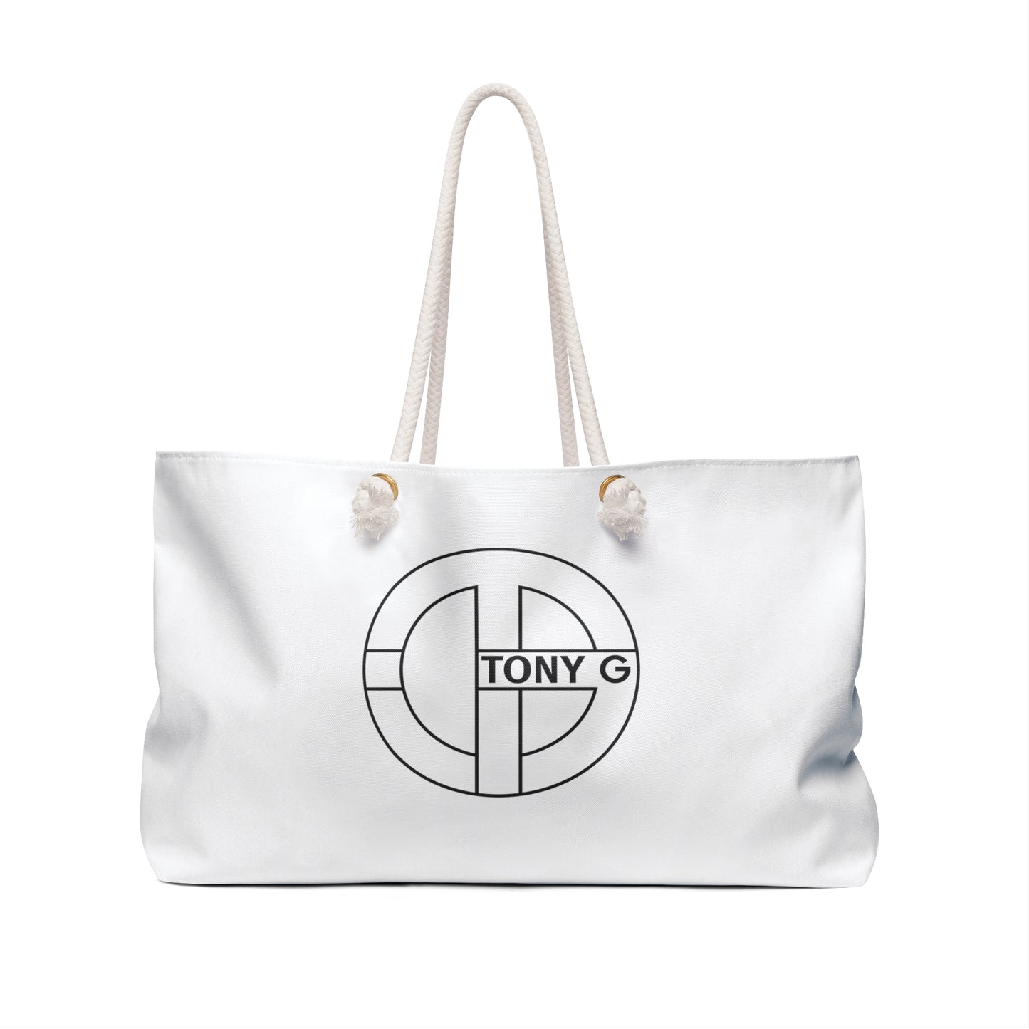 TONY G Weekender Bag White, adorned with TONY G Logo & TG Logo Outline