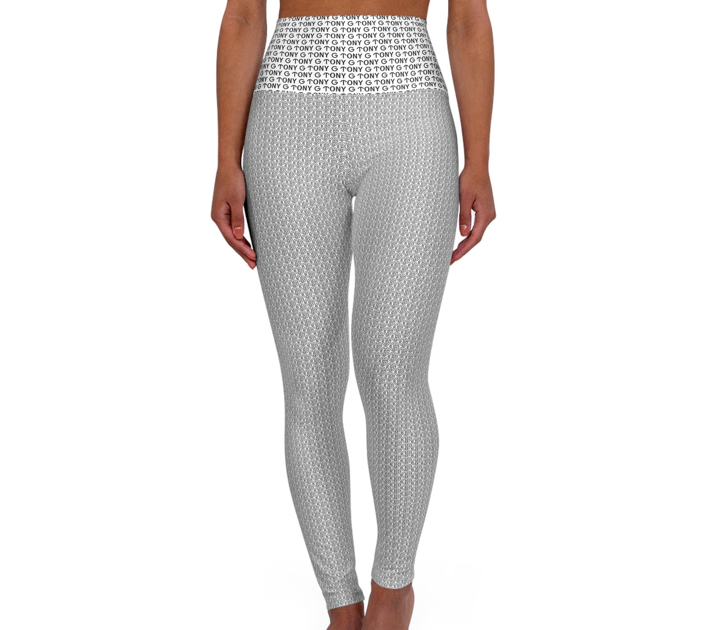 TONY G High Waisted Yoga Leggings, adorned with the TG Logo Outline Monogram Pattern