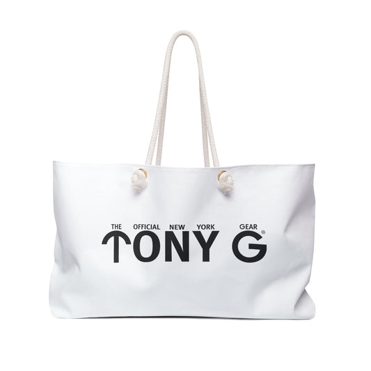 TONY G Weekender Bag White, adorned with TONY G Logo & TG Logo Outline