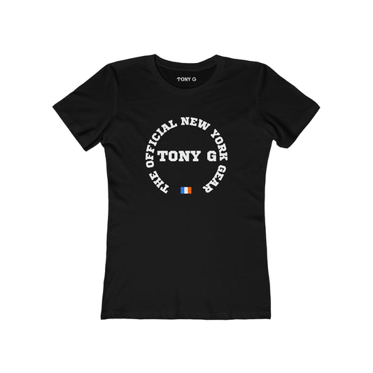 TONY G Women's Feminine Cut Classic Boyfriend Tee, featuring the TONY G Flag Logo Varcity design